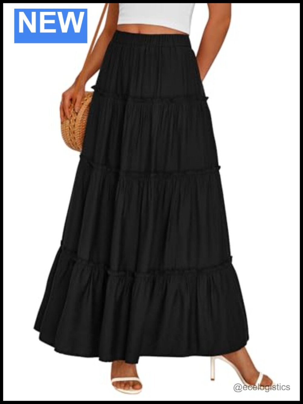 Boho Tiered Ruffle Flowy Maxi Skirt 85% Viscose A-Line